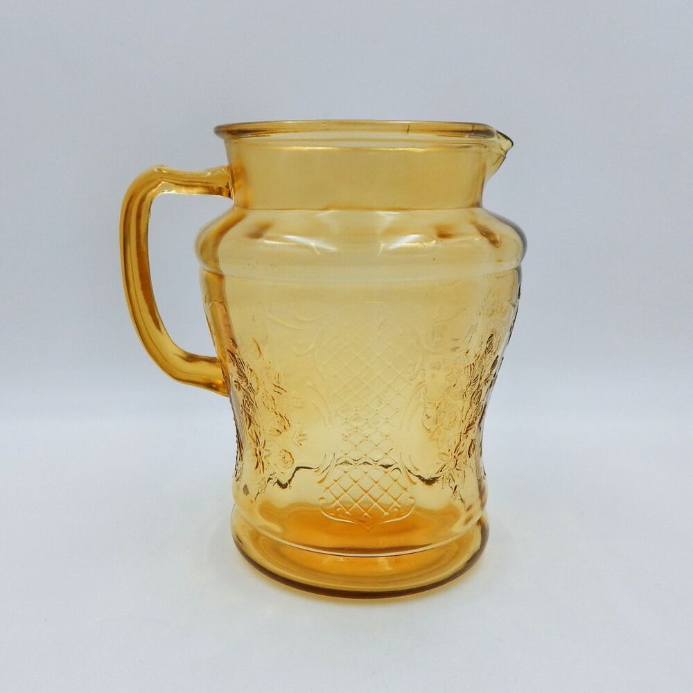Federal Glass Normandie Amber Pitcher Jug 80 Oz. Vtg Depression Lattice Floral